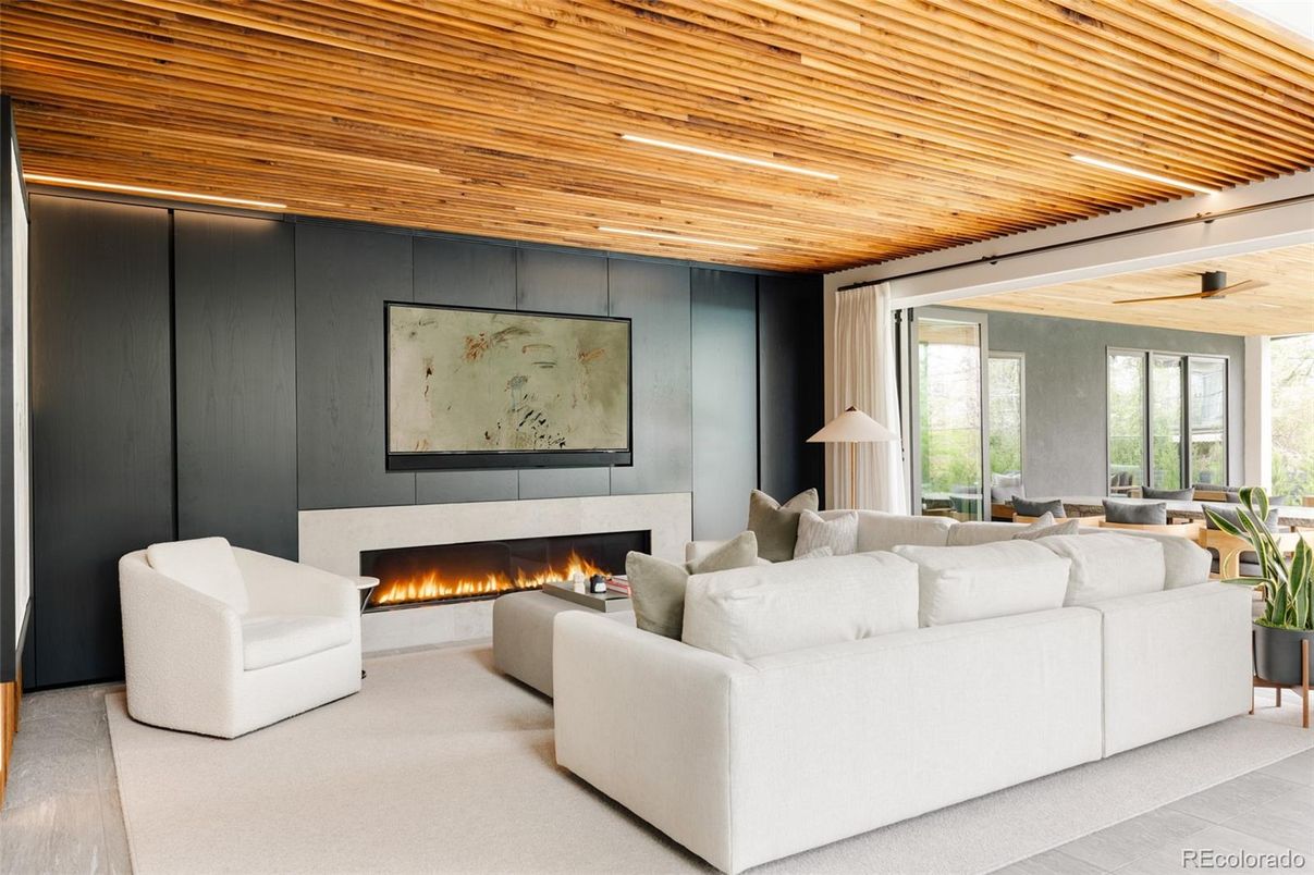 Fireplace, Interior, Living room, Recessed Lighting, Wooden Ceilings