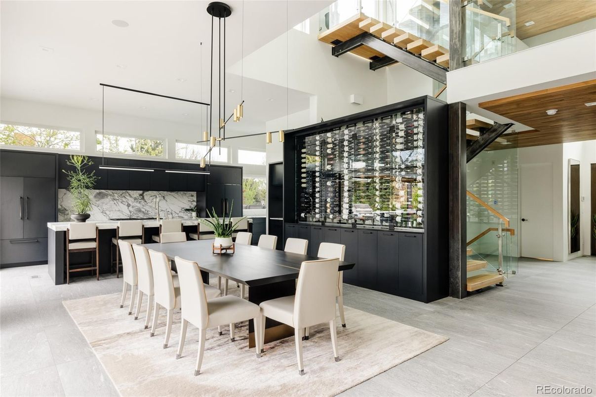 Dining room, Interior, Kitchen, Marble Walls, Pendant Lights, Recessed Lighting, Wooden Ceilings