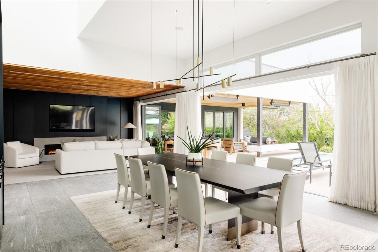 Dining room, Fireplace, Interior, Living room, Pendant Lights