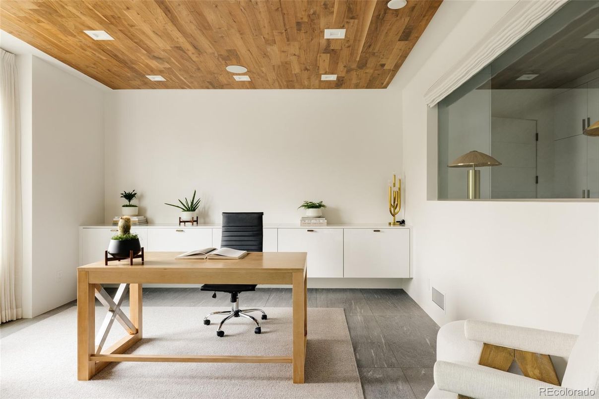 Home Office, Interior, Recessed Lighting, Wooden Ceilings, Wood Texture Flooring