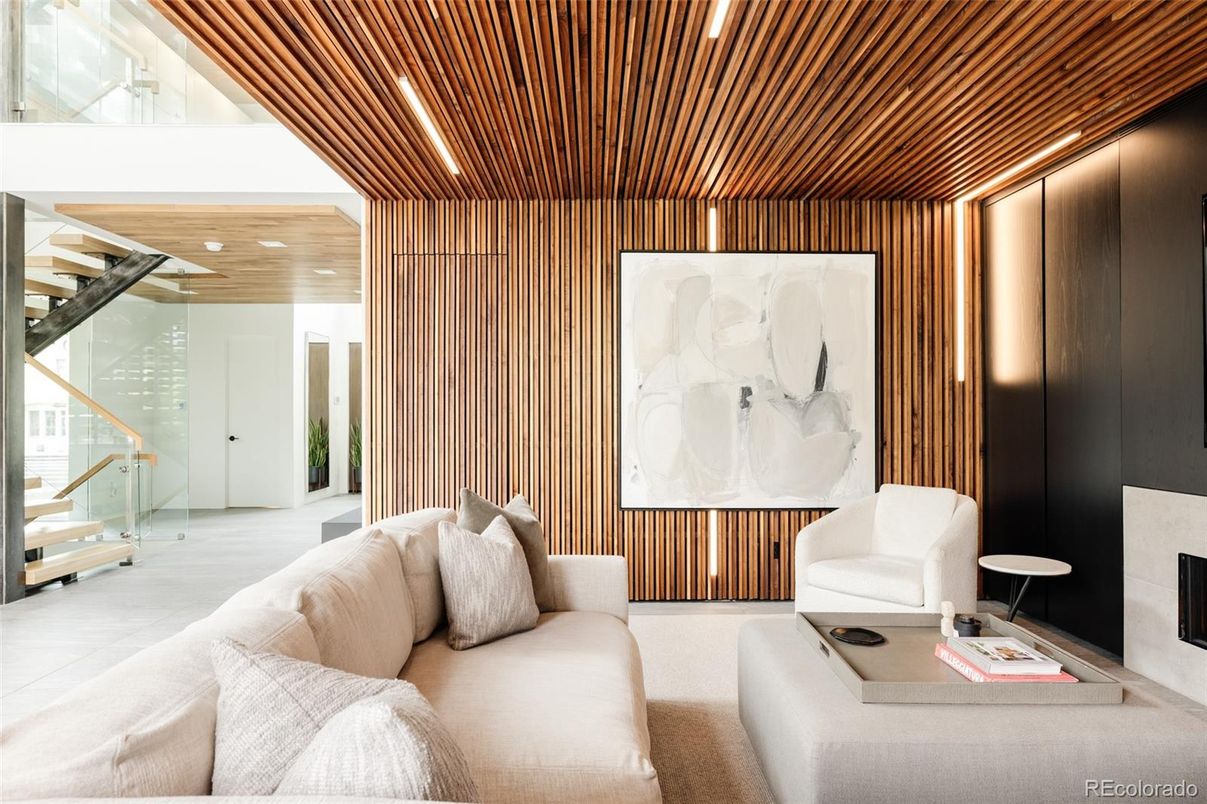 Fireplace, Interior, Living room, Recessed Lighting, Wooden Ceilings, Wooden Walls