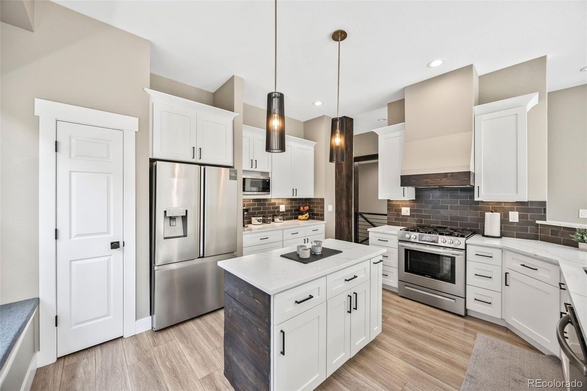 Interior, Kitchen, Pendant Lights, Recessed Lighting, Stainless Steel Appliances, Wood Texture Flooring