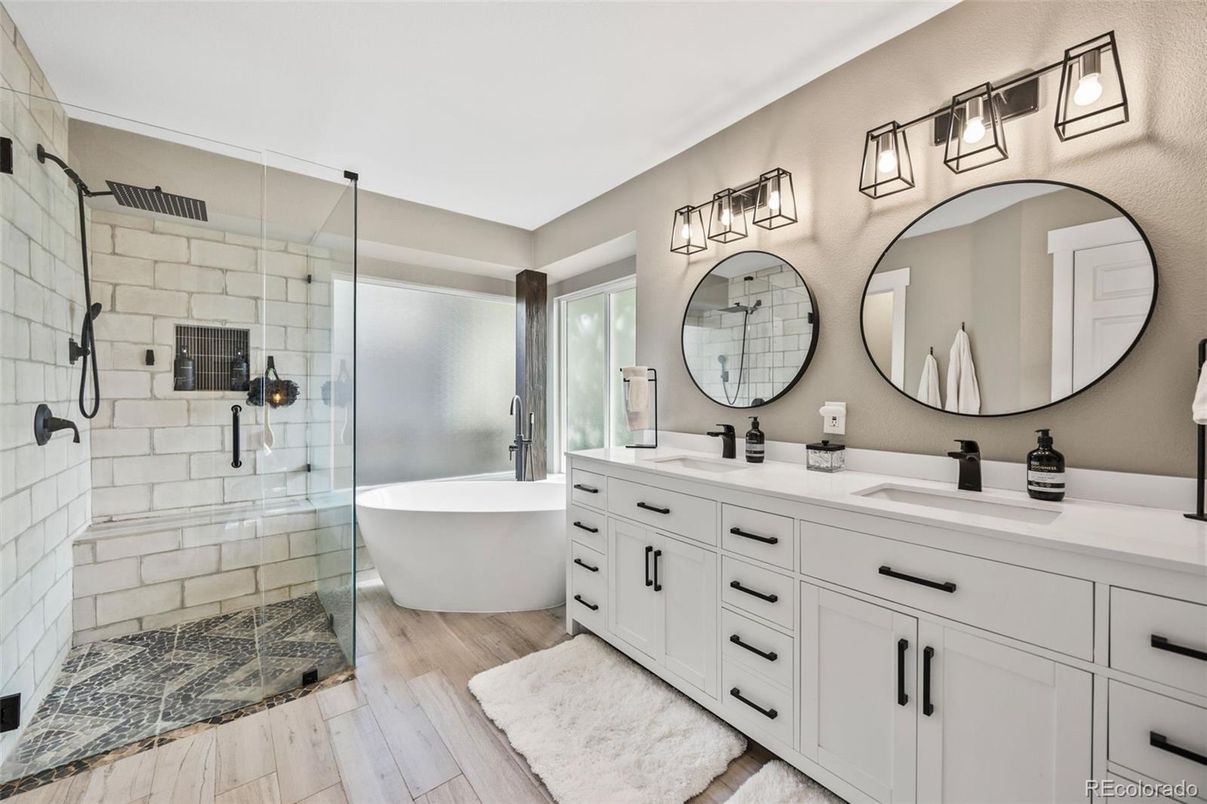 Bathroom, Dual Sink Vanities, Free Standing Baths, Glass Shower, Interior, Wood Texture Flooring