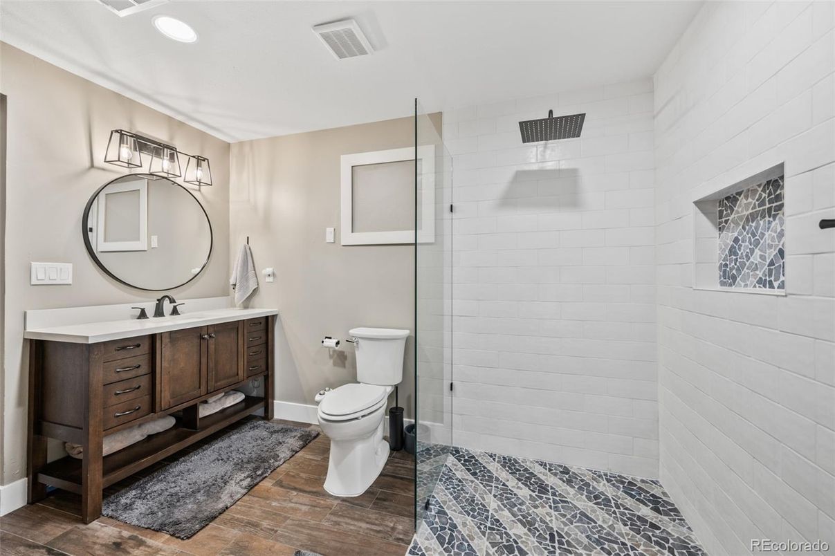 Bathroom, Interior, Recessed Lighting, Wood Texture Flooring