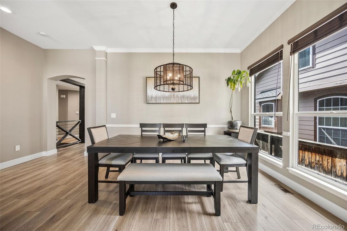 Dining room, Fireplace, Interior, Pendant Lights, Recessed Lighting, Wood Texture Flooring