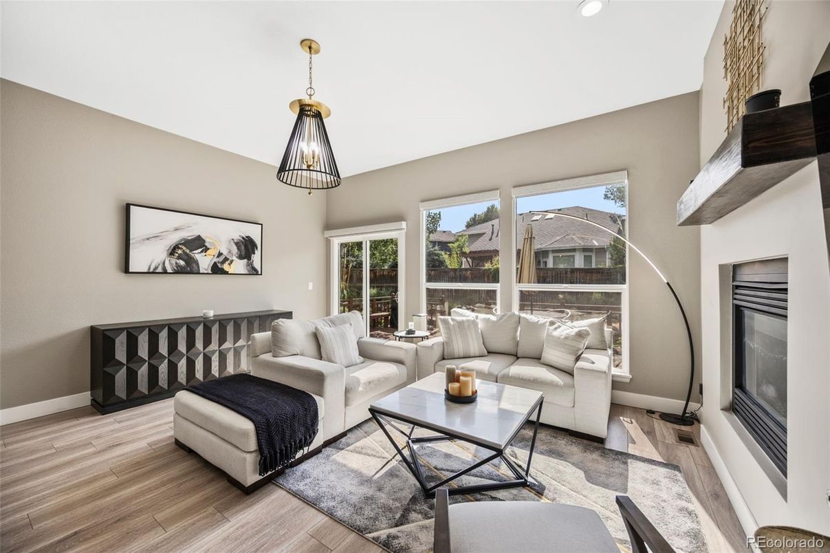 Fireplace, Interior, Living room, Recessed Lighting, Wood Texture Flooring