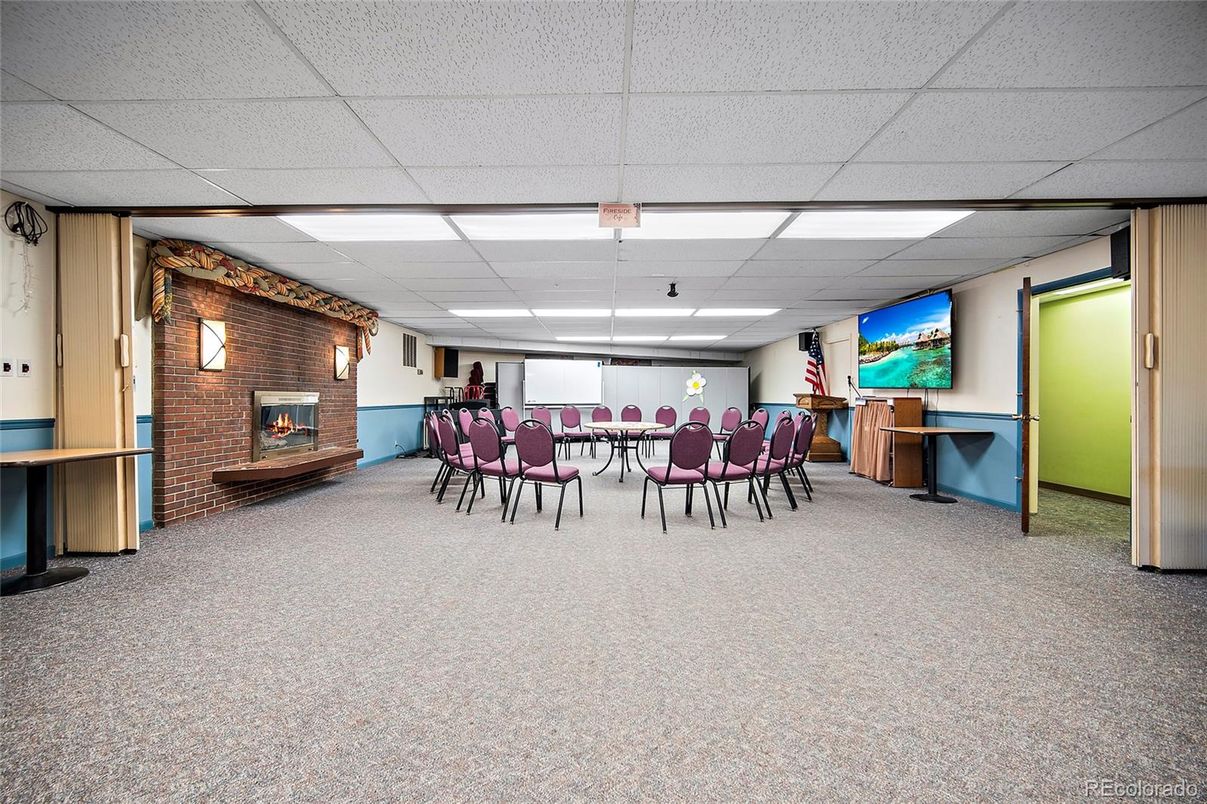 Dining room, Fireplace, Interior, Recessed Lighting, Stone Walls