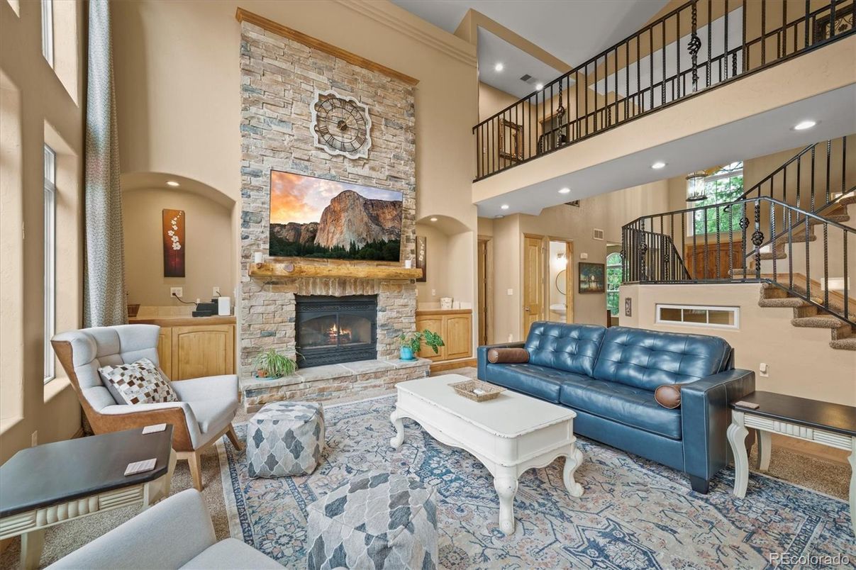 Fireplace, Interior, Living room, Recessed Lighting, Stone Walls