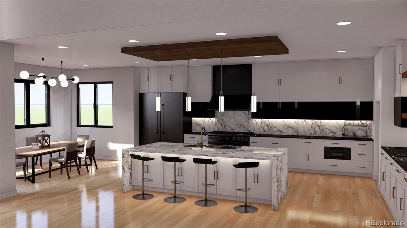 Dining room, Interior, Kitchen, Marble Walls, Pendant Lights, Recessed Lighting, Wood Texture Flooring