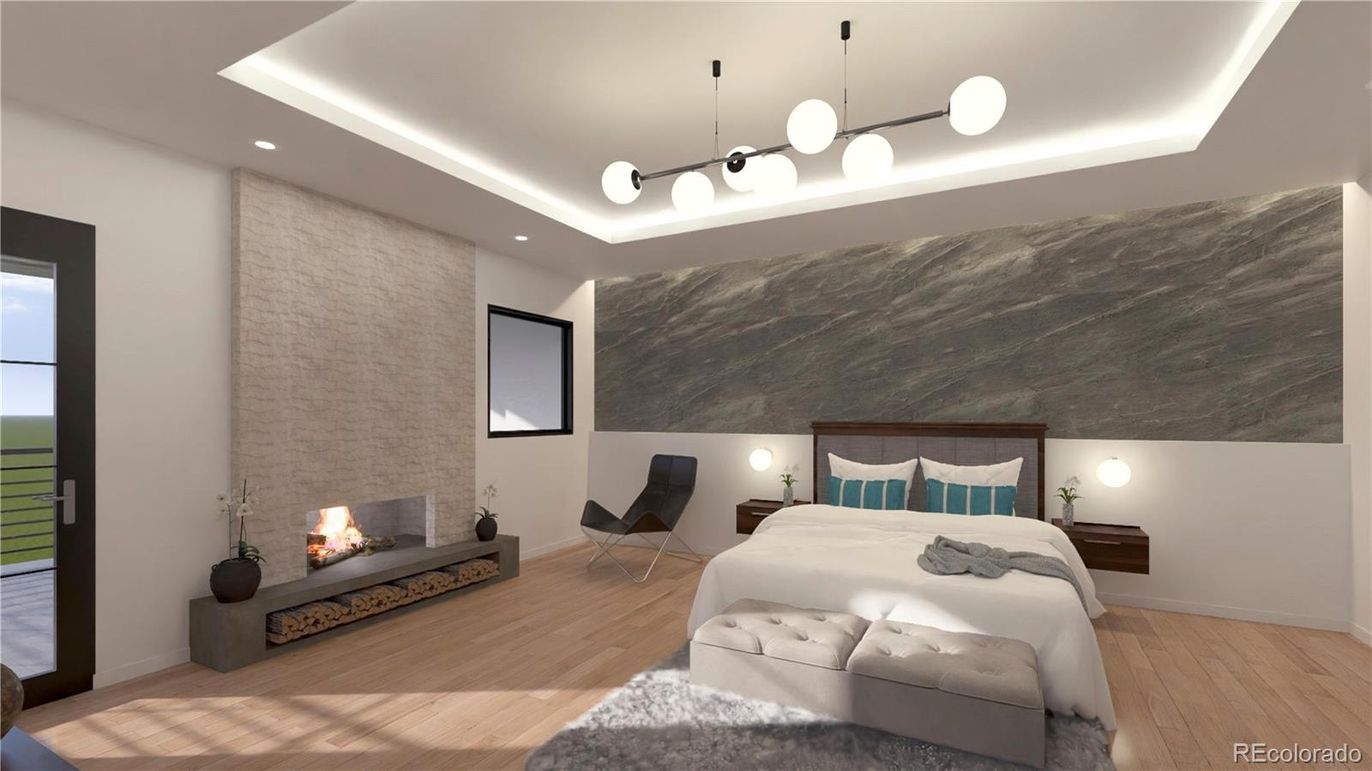 Bedroom, Fireplace, Interior, Pendant Lights, Recessed Lighting, Wood Texture Flooring