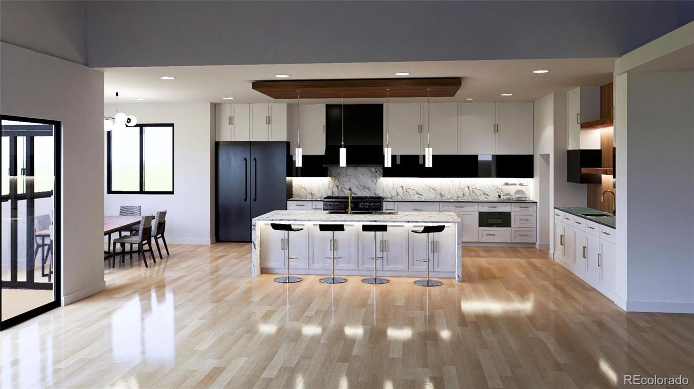 Dining room, Interior, Kitchen, Marble Walls, Pendant Lights, Recessed Lighting, Stainless Steel Appliances, Wood Texture Flooring