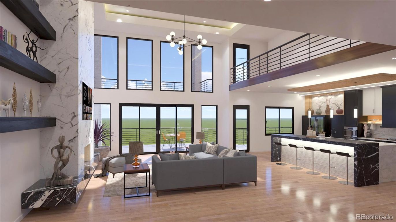 Fireplace, Interior, Kitchen, Living room, Marble Walls, Pendant Lights, Recessed Lighting, Water, Wood Texture Flooring