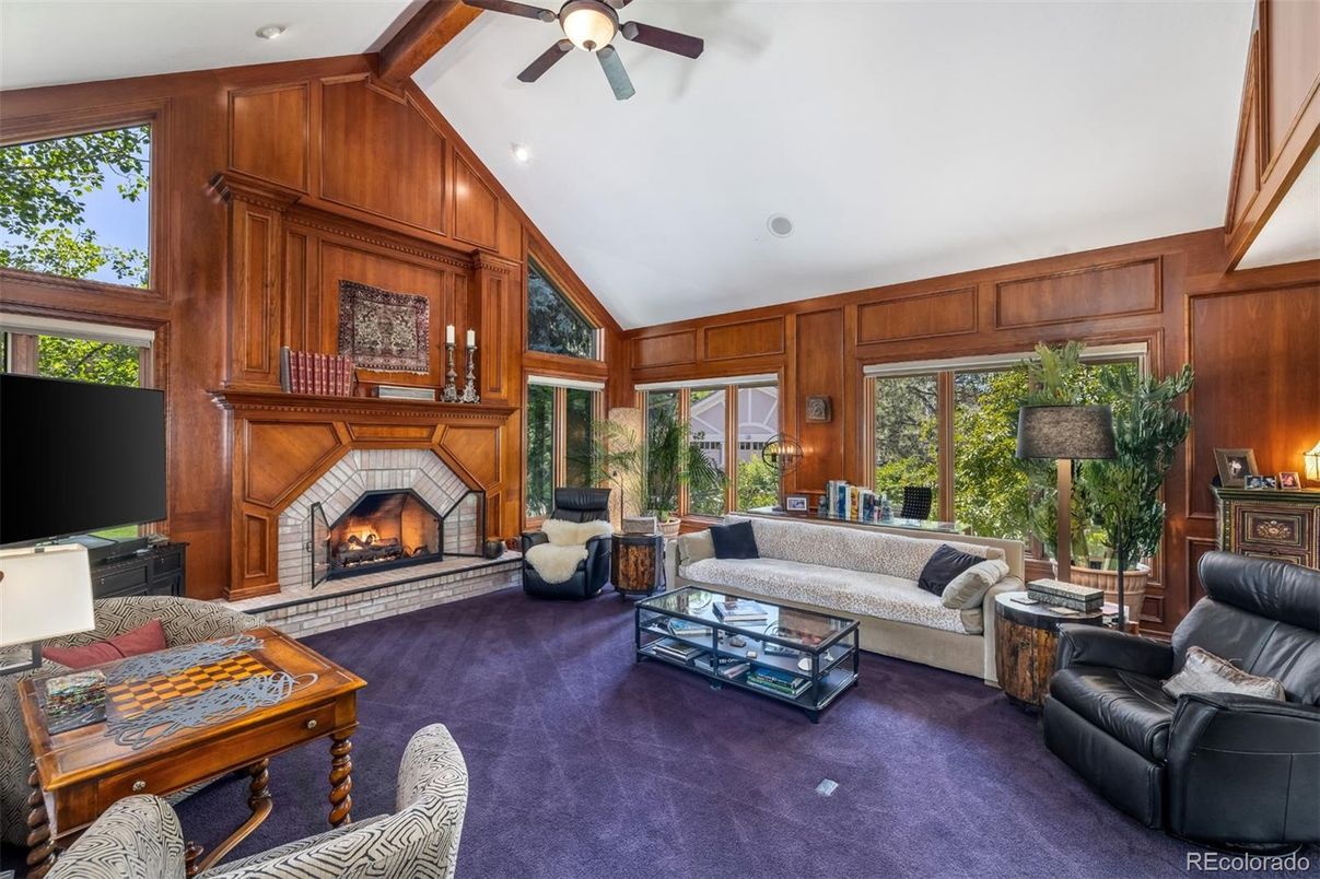 Fireplace, Interior, Living room, Recessed Lighting, Wooden Walls