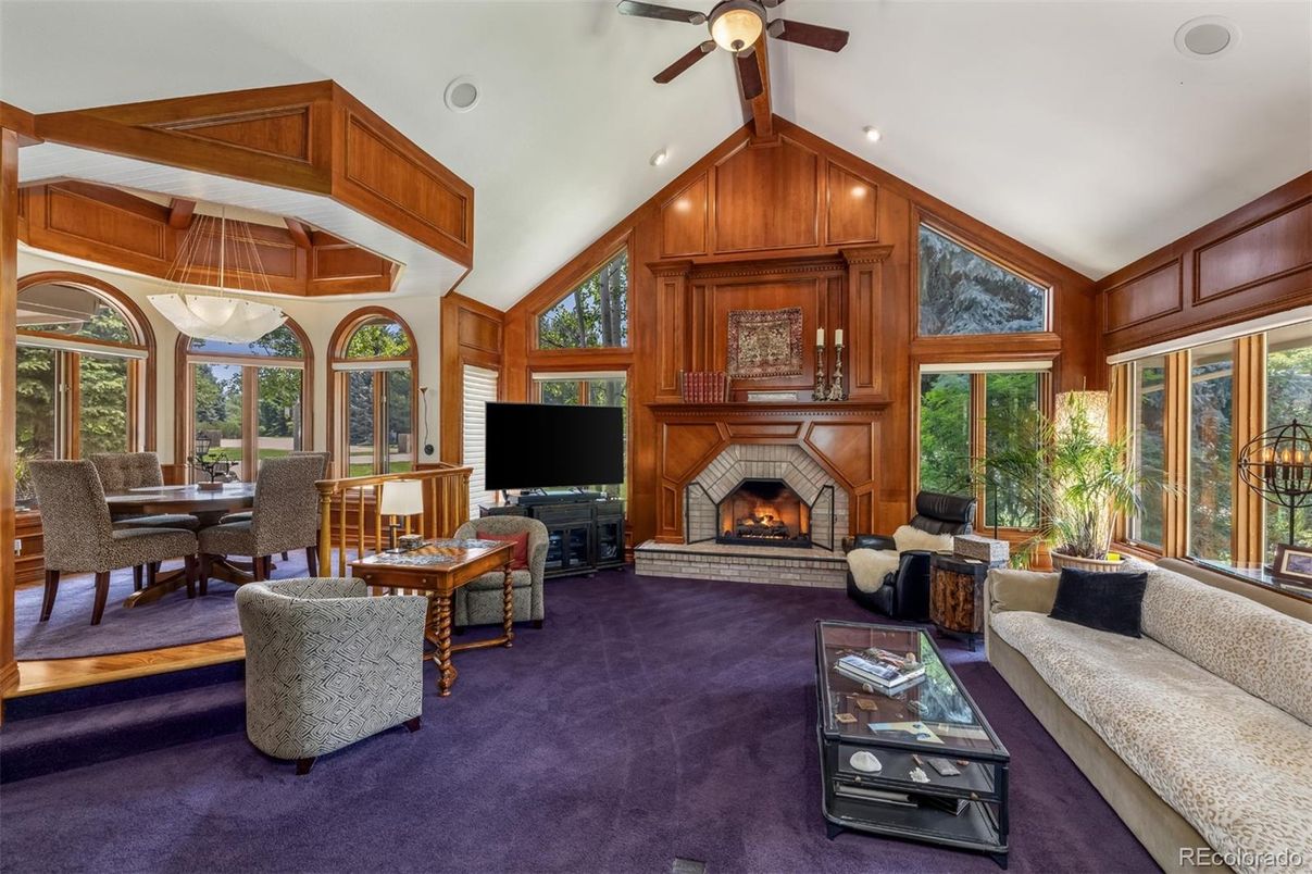 Dining room, Fireplace, Interior, Living room, Recessed Lighting, Wooden Walls