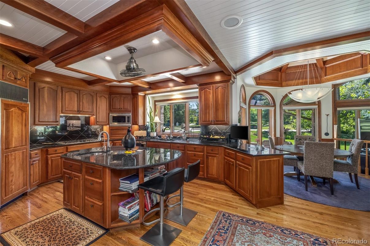 Dining room, Interior, Kitchen, Recessed Lighting, Wooden Beams, Wood Texture Flooring