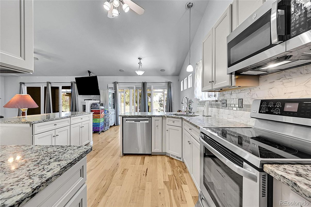 Interior, Kitchen, Pendant Lights, Stainless Steel Appliances, Wood Texture Flooring