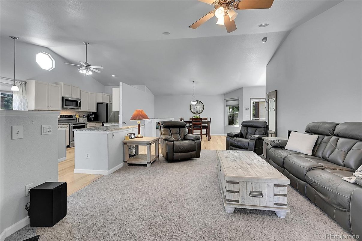 Dining room, Interior, Kitchen, Living room, Pendant Lights, Recessed Lighting, Stainless Steel Appliances, Wood Texture Flooring
