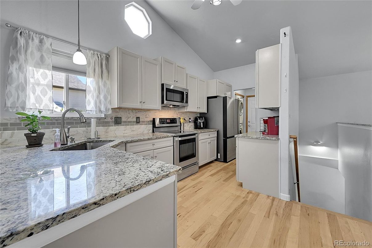 Interior, Kitchen, Pendant Lights, Recessed Lighting, Stainless Steel Appliances, Wood Texture Flooring