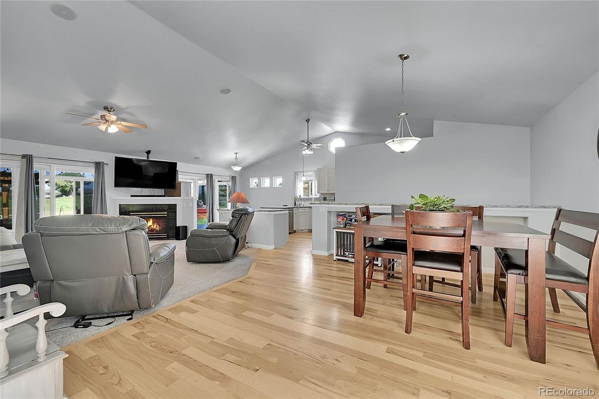 Dining room, Fireplace, Interior, Living room, Pendant Lights, Wood Texture Flooring