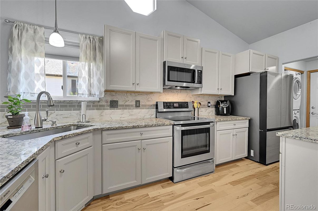 Interior, Kitchen, Pendant Lights, Stainless Steel Appliances, Wood Texture Flooring