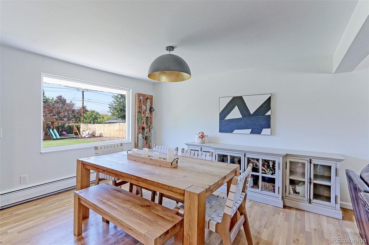 Dining room, Interior, Pendant Lights, Wood Texture Flooring