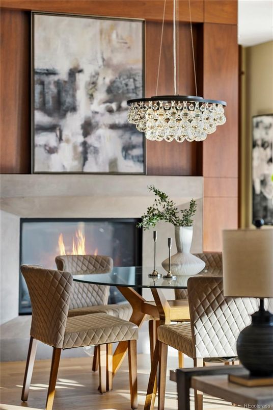 Dining room, Fireplace, Interior, Pendant Lights