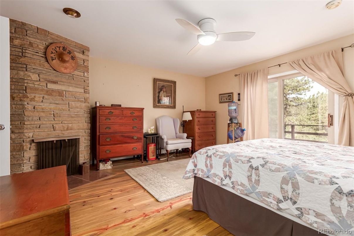 Bedroom, Fireplace, Interior, Stone Walls, Wood Texture Flooring