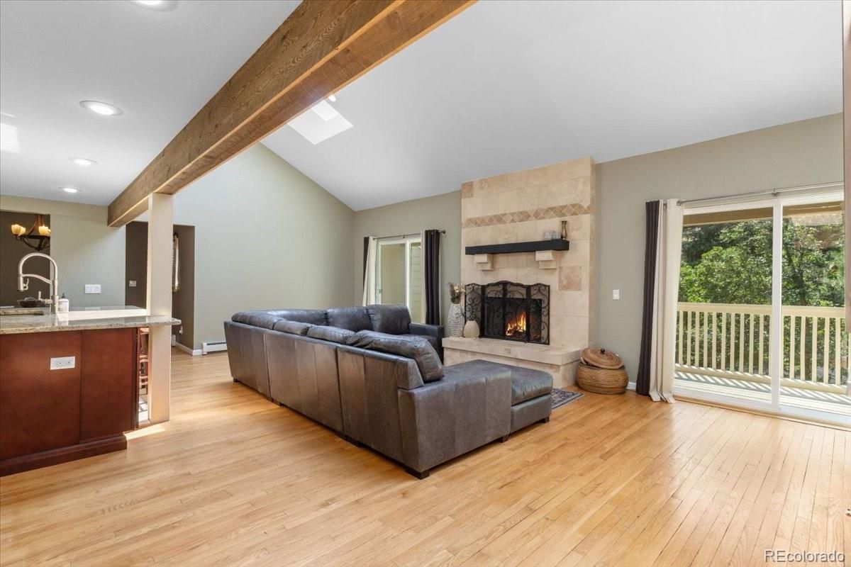 Fireplace, Interior, Living room, Recessed Lighting, Wooden Beams, Wood Texture Flooring