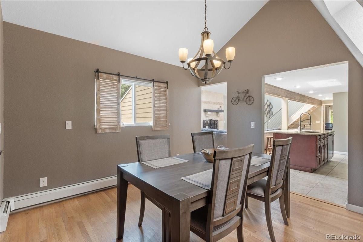 Chandelier, Dining room, Interior, Kitchen, Recessed Lighting, Wood Texture Flooring