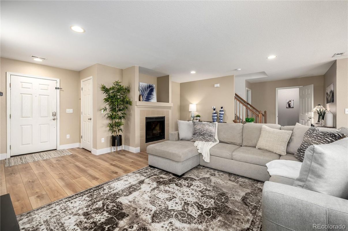 Fireplace, Interior, Living room, Recessed Lighting, Wood Texture Flooring