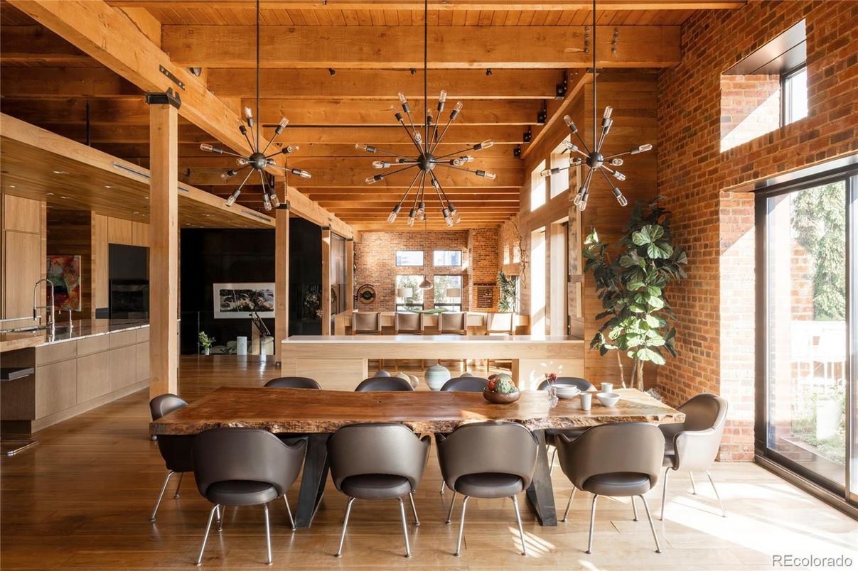 Dining room, Interior, Kitchen, Pendant Lights, Stone Walls, Wooden Beams, Wooden Ceilings, Wood Texture Flooring