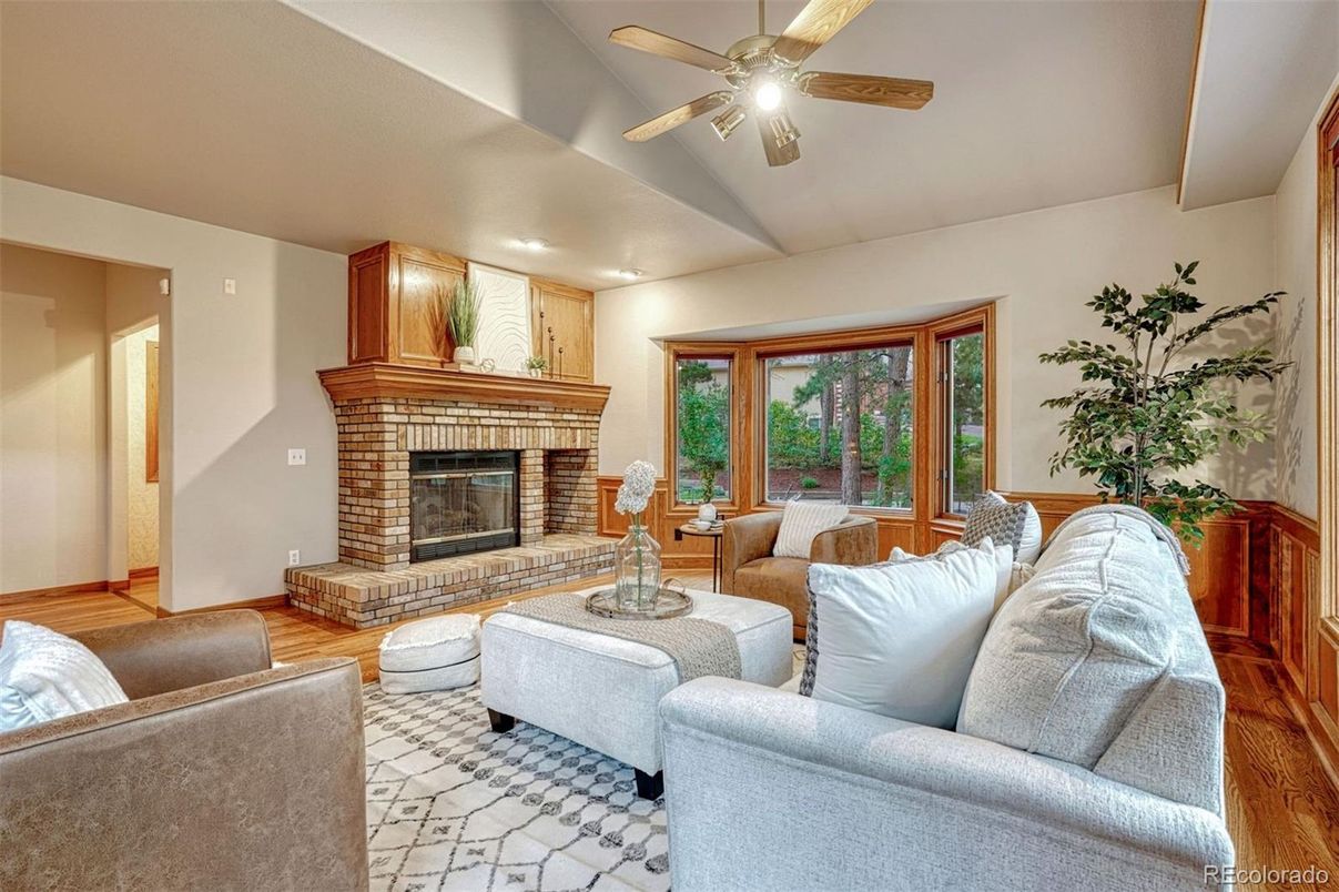 Fireplace, Interior, Living room, Recessed Lighting, Wood Texture Flooring