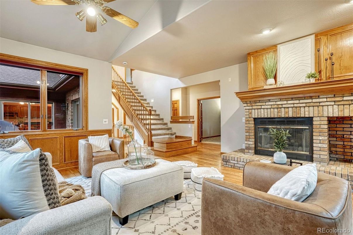 Fireplace, Interior, Living room, Recessed Lighting, Wood Texture Flooring