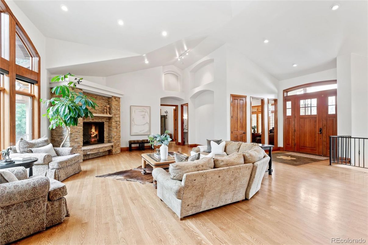 Fireplace, Interior, Living room, Recessed Lighting, Wood Texture Flooring