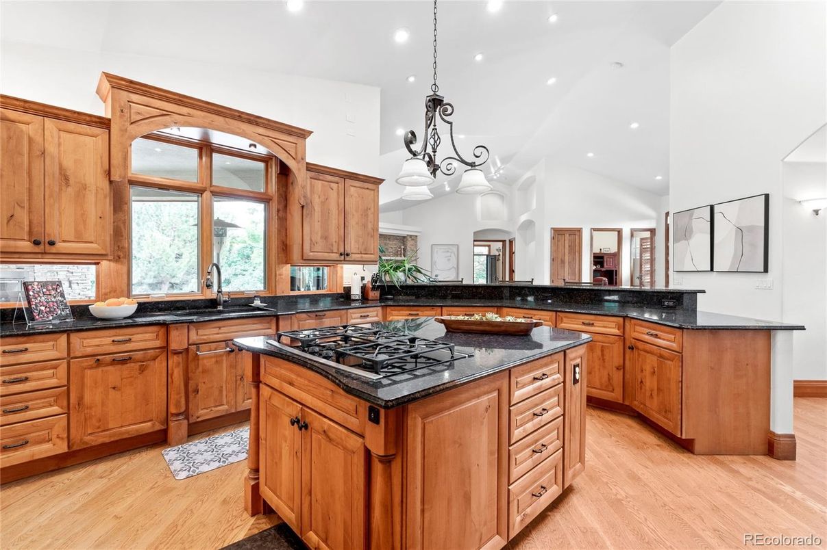 Chandelier, Interior, Kitchen, Pendant Lights, Recessed Lighting, Wood Texture Flooring