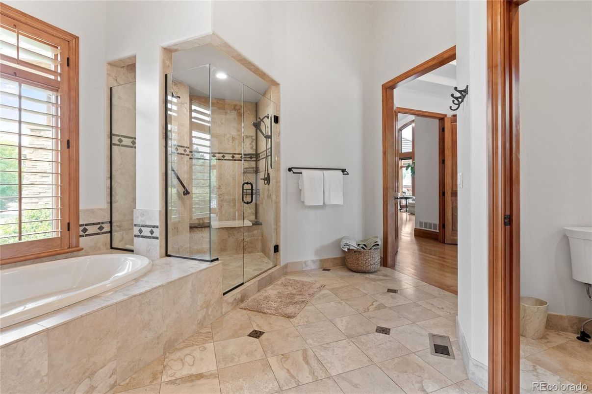 Bathroom, Glass Shower, Interior, Recessed Lighting, Wood Texture Flooring