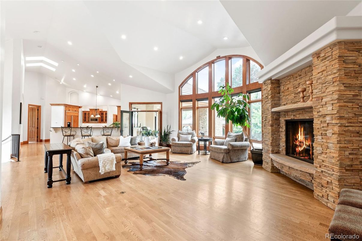Fireplace, Interior, Kitchen, Living room, Pendant Lights, Recessed Lighting, Stone Walls, Wood Texture Flooring