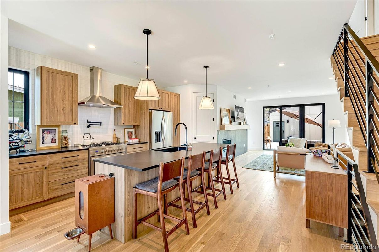 Interior, Kitchen, Living room, Pendant Lights, Recessed Lighting, Stainless Steel Appliances, Wood Texture Flooring