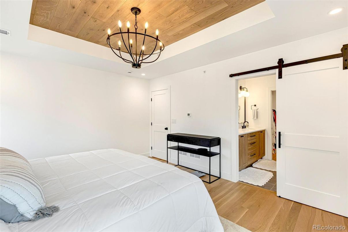 Bedroom, Chandelier, Interior, Recessed Lighting, Wooden Ceilings, Wood Texture Flooring
