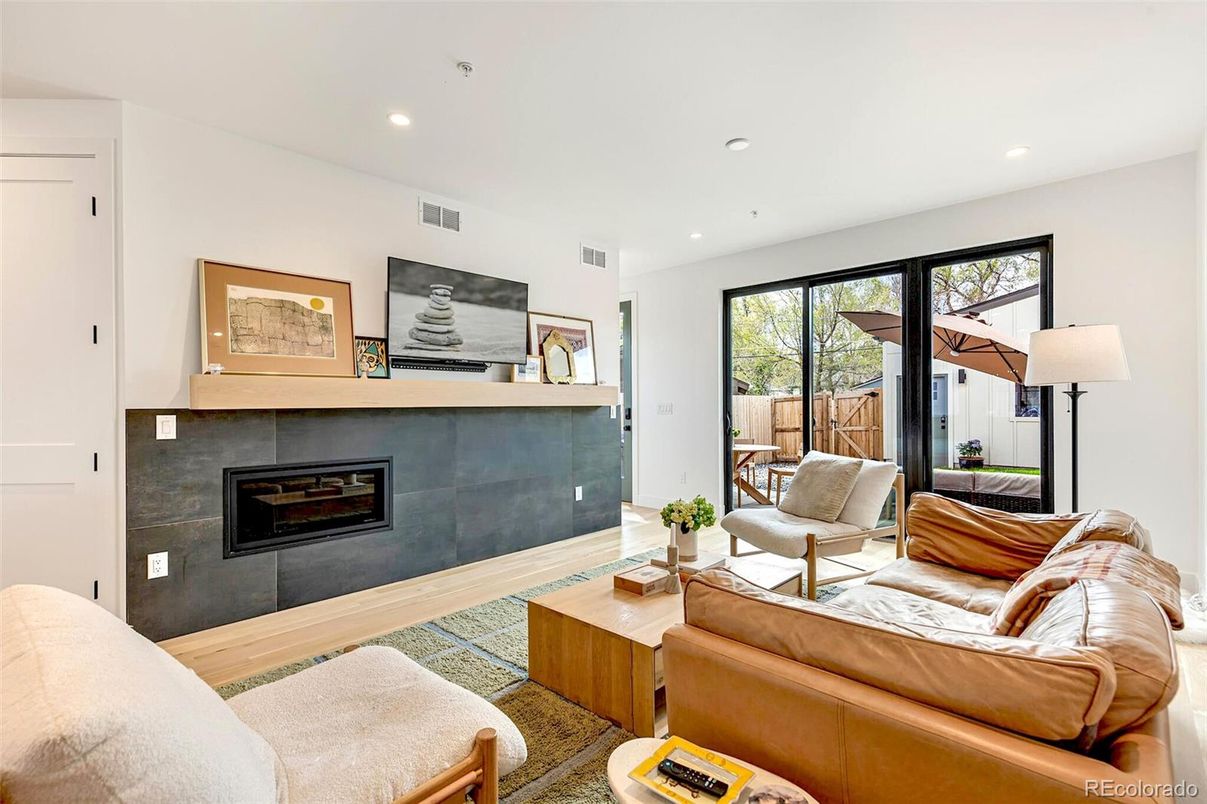 Fireplace, Interior, Living room, Recessed Lighting, Wood Texture Flooring