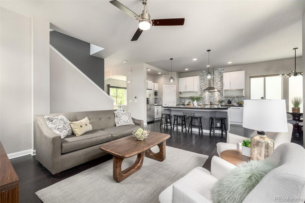 Interior, Kitchen, Living room, Pendant Lights, Recessed Lighting, Stainless Steel Appliances, Wood Texture Flooring