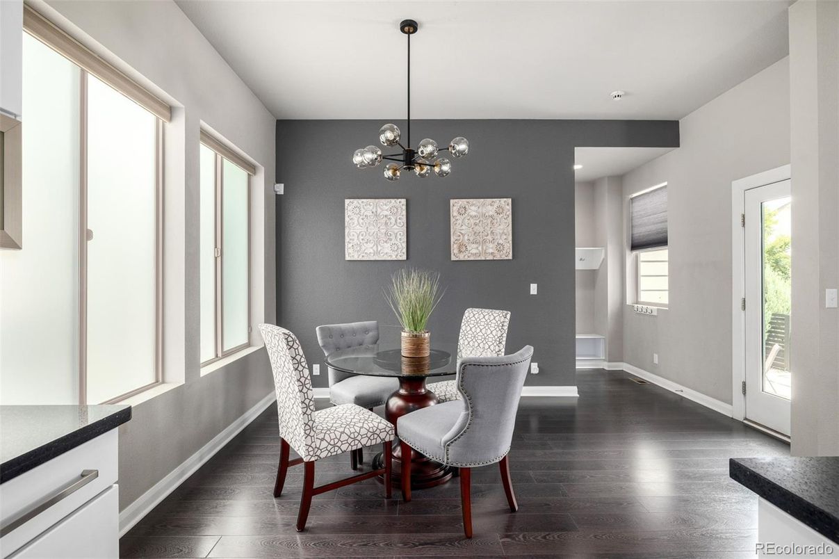 Dining room, Interior, Pendant Lights, Recessed Lighting, Wood Texture Flooring