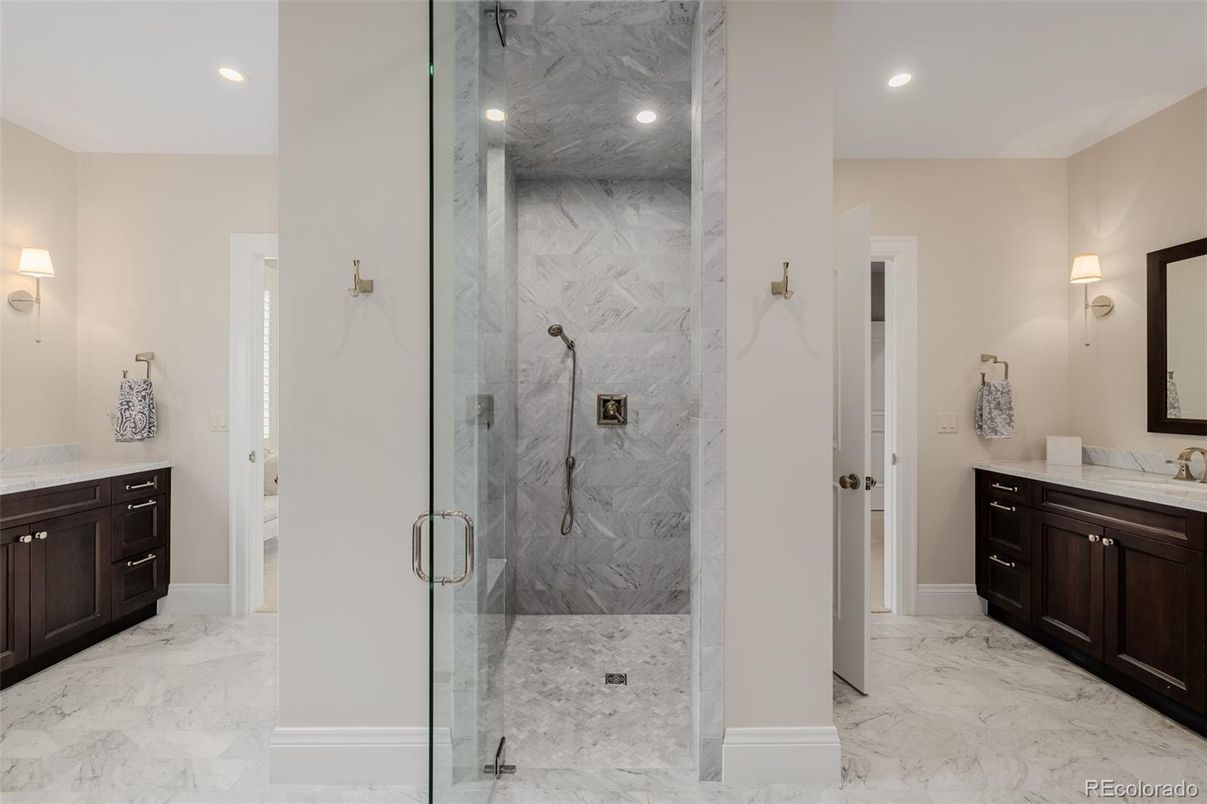 Bathroom, Glass Shower, Interior, Marble, Marble Walls, Recessed Lighting