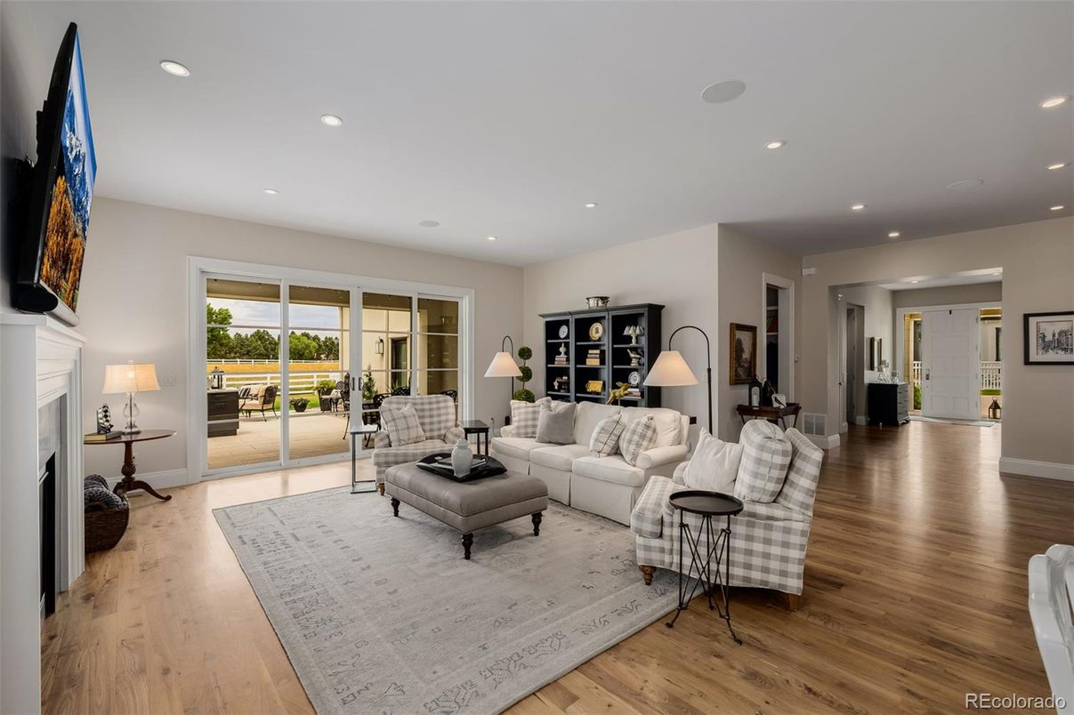 Fireplace, Interior, Living room, Recessed Lighting, Wood Texture Flooring
