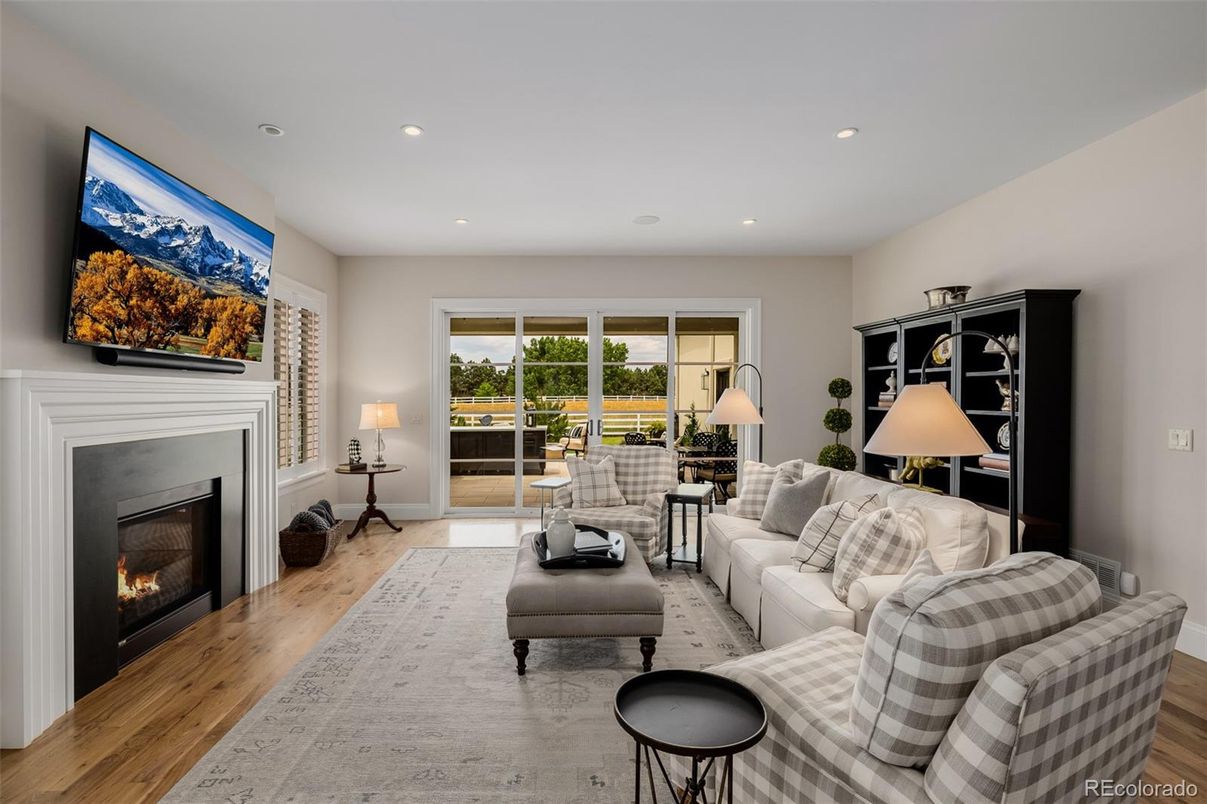 Fireplace, Interior, Living room, Recessed Lighting, Wood Texture Flooring