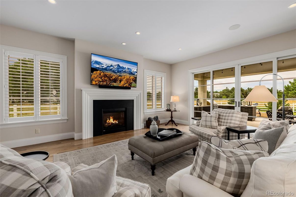 Fireplace, Interior, Living room, Recessed Lighting, Wood Texture Flooring