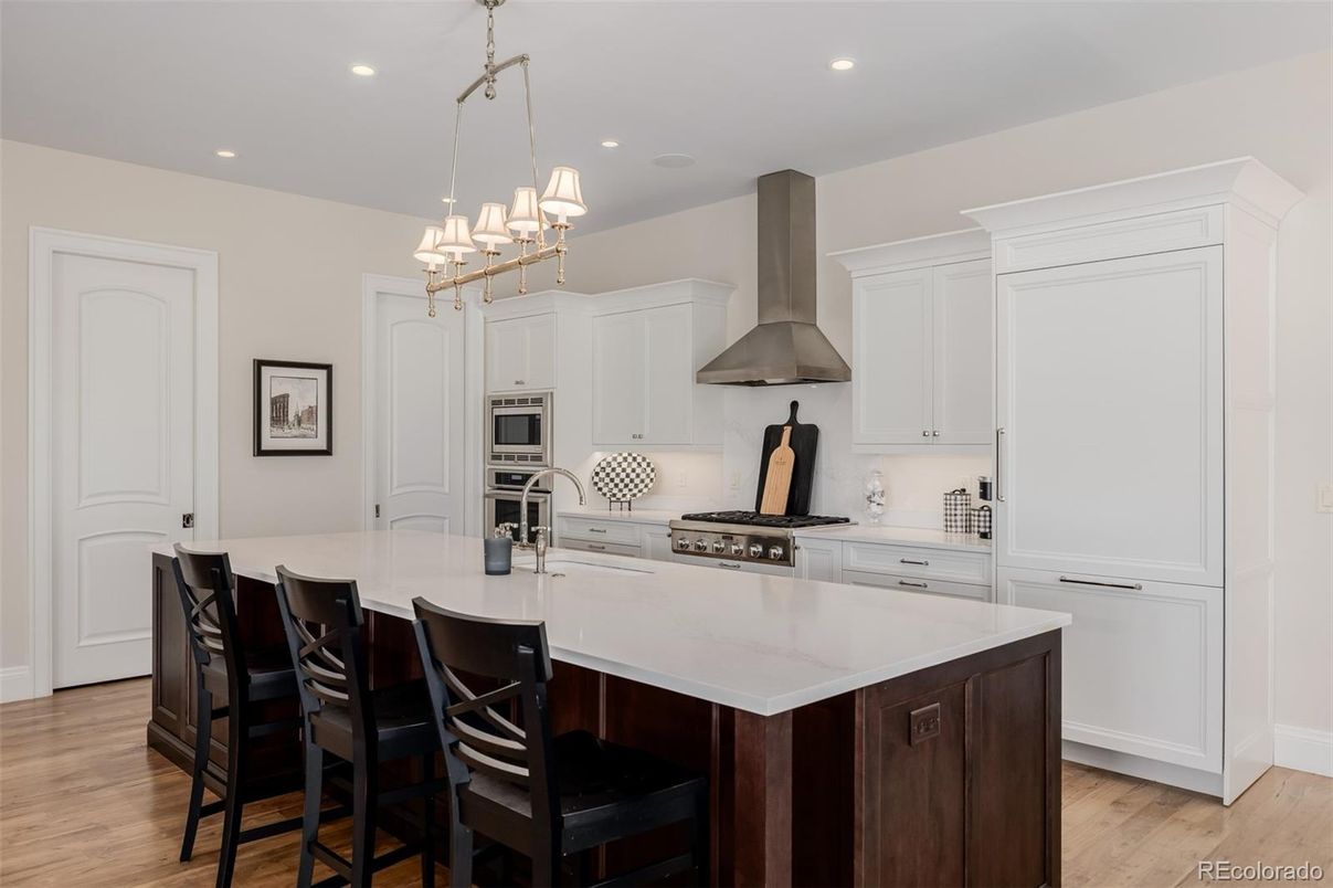 Chandelier, Interior, Kitchen, Pendant Lights, Recessed Lighting, Stainless Steel Appliances, Wood Texture Flooring