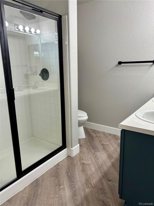 Bathroom, Glass Shower, Interior, Wood Texture Flooring