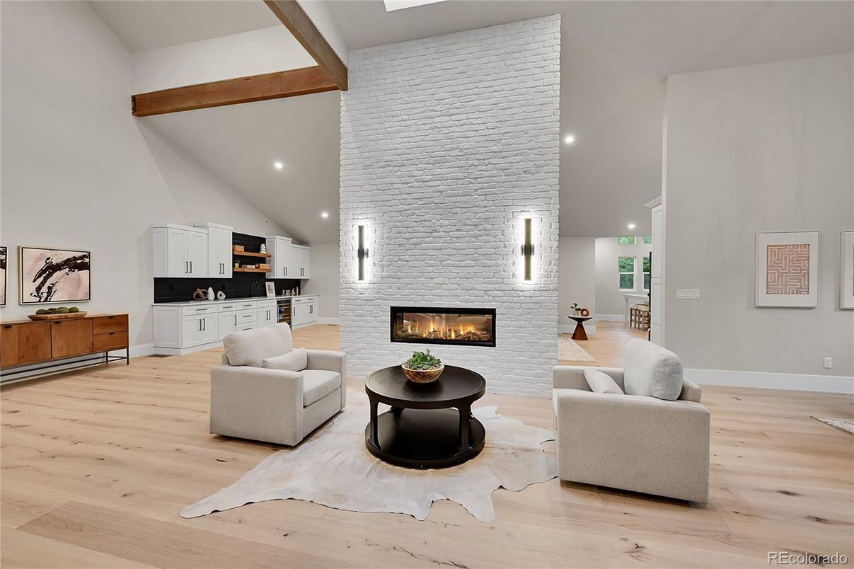 Fireplace, Interior, Kitchen, Living room, Recessed Lighting, Stone Walls, Wooden Beams, Wood Texture Flooring