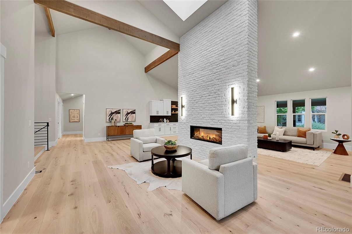 Fireplace, Interior, Living room, Recessed Lighting, Stone Walls, Wooden Beams, Wood Texture Flooring